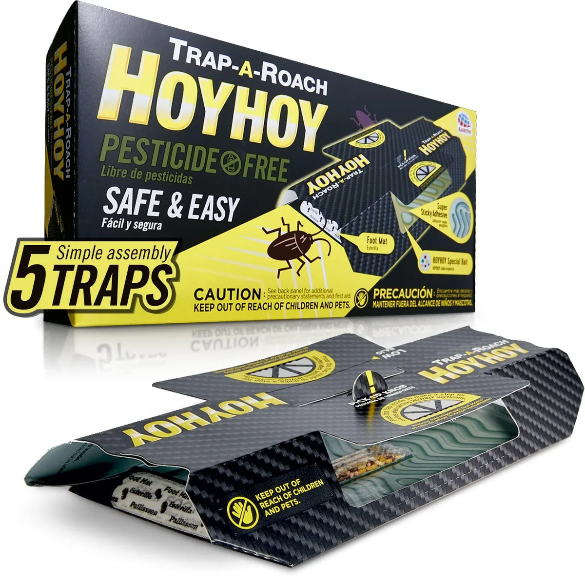Flat rectangular box containing five roach glue traps with textured adhesive and bait compartments