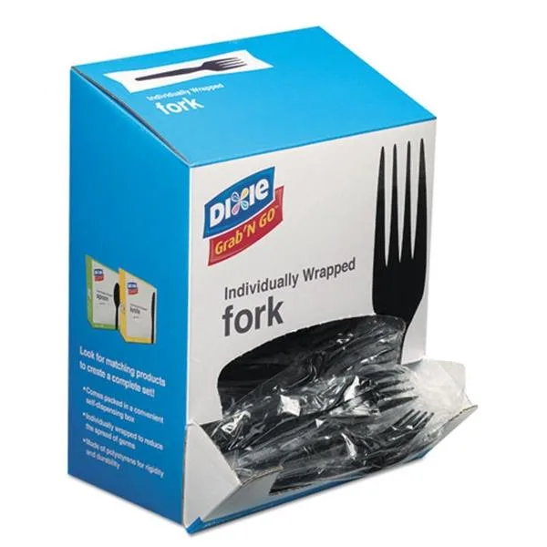 White cardboard box labelled Dixie FM5W540 containing black plastic forks