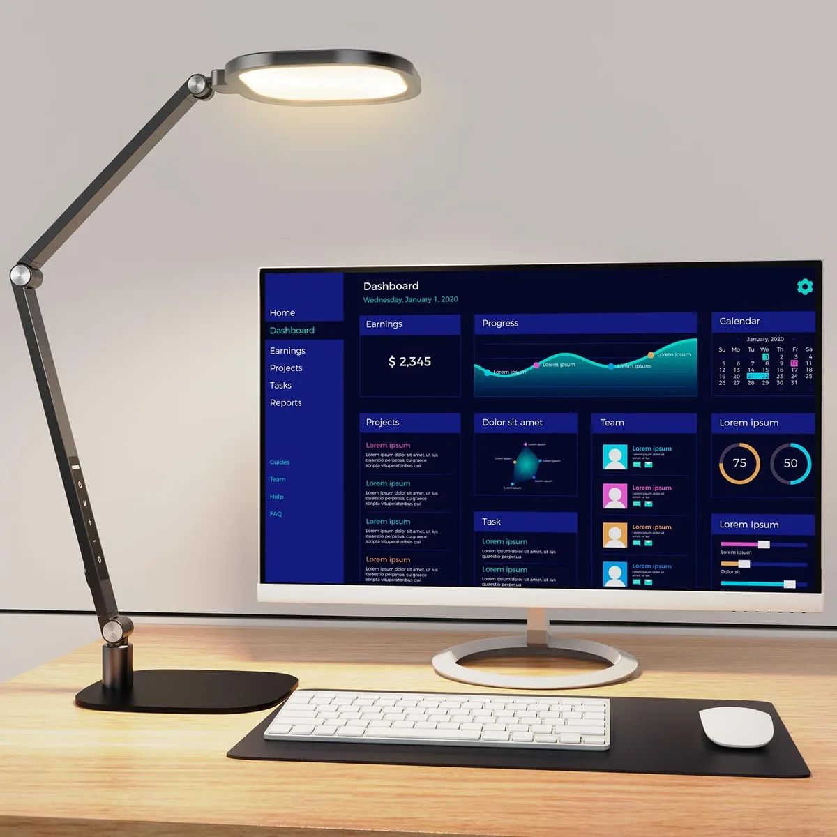 Sleek rectangular metal desk lamp with adjustable swing arm and diffused rectangular light head, painted finish, 26.7 inches tall