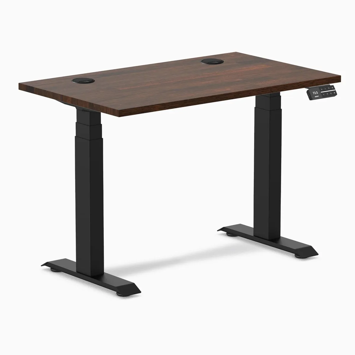 Desky Desky Dual Mini Rubberwood Sit Stand Desk 40 x 24 inches Dark Walnut Matte Black Grommets — product photo