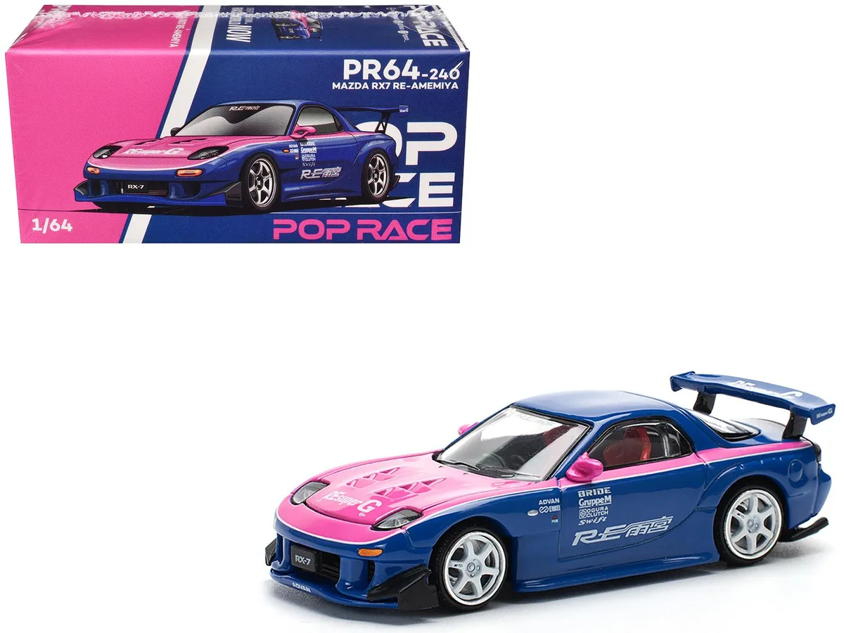Pop Race Pop Race Mazda RX-7 RE-Amemiya Widebody RHD Blue Pink Hood 1/64 Hobby Collectible — product photo