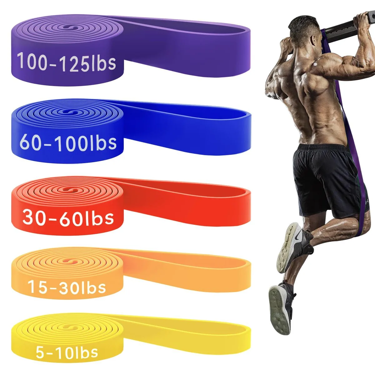 Five colourful TPE loop bands 81 inch long in a carry bag