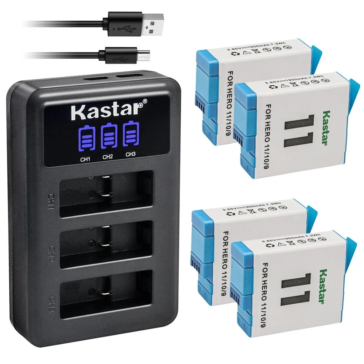 Kastar Kastar 4-pack battery &amp; LCD triple USB charger for GoPro HERO11/10/9 — product photo