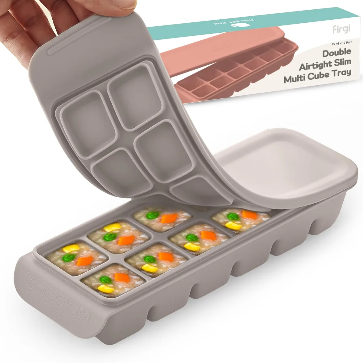 Red silicone food storage tray with twelve compartments and a lid
