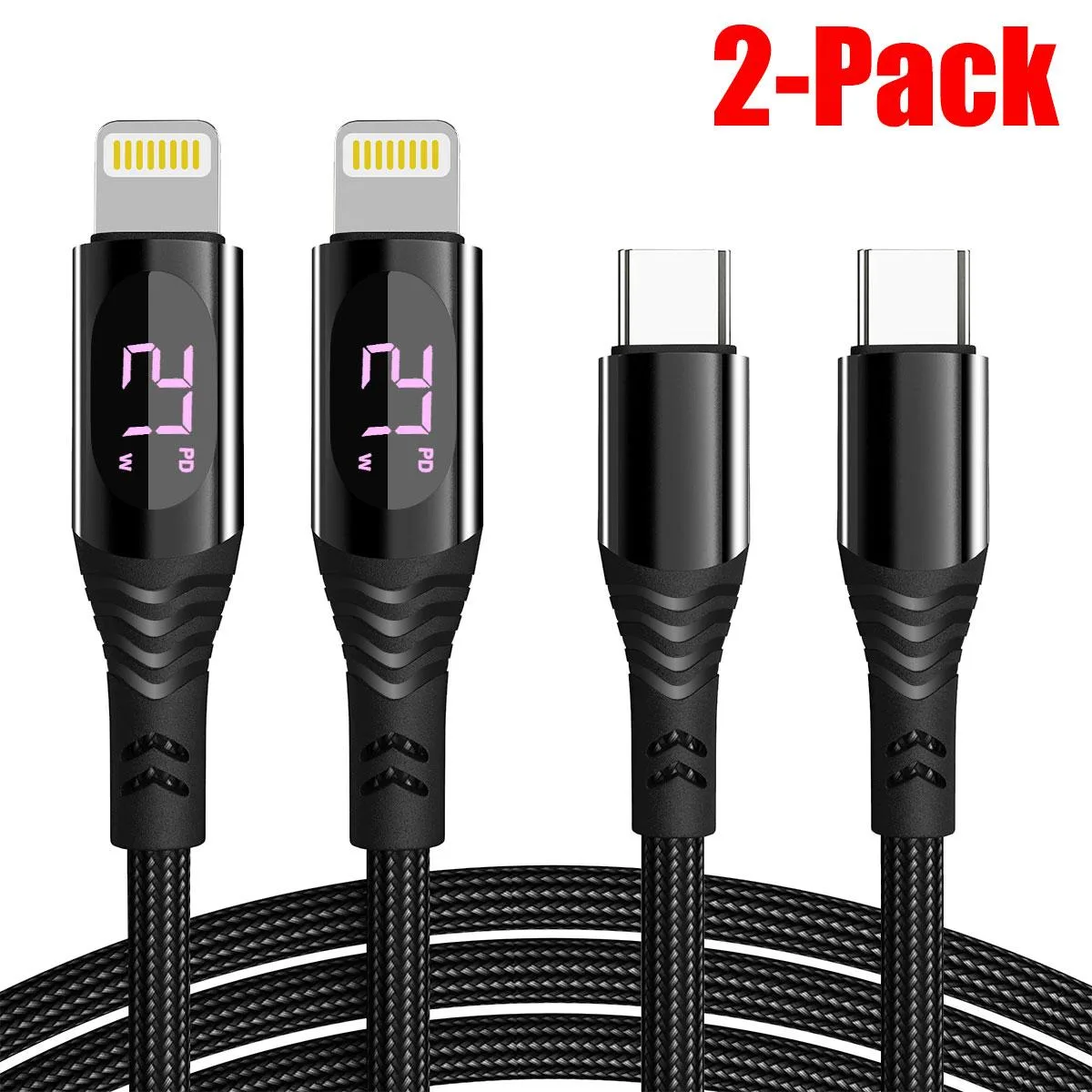 SZYG SZYG USB-C to Lightning Cable 2-Pack 4ft LED Display 27W PD MFi Black — product photo
