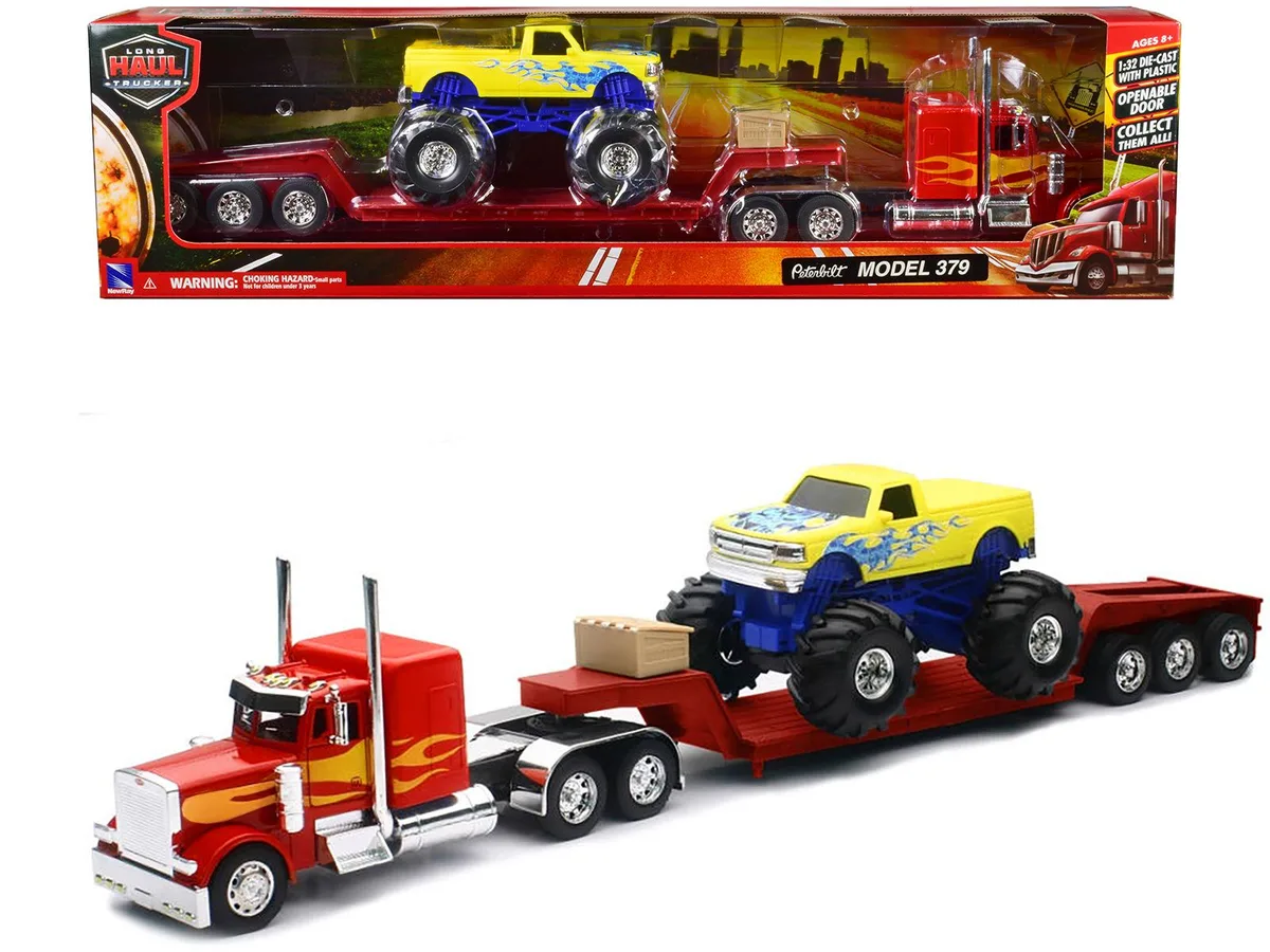 New Ray Toys New Ray Toys Peterbilt 379 Lowboy Trailer Red Orange Flames Monster Truck Yellow Blue Flames 1/32 Diecast — product photo