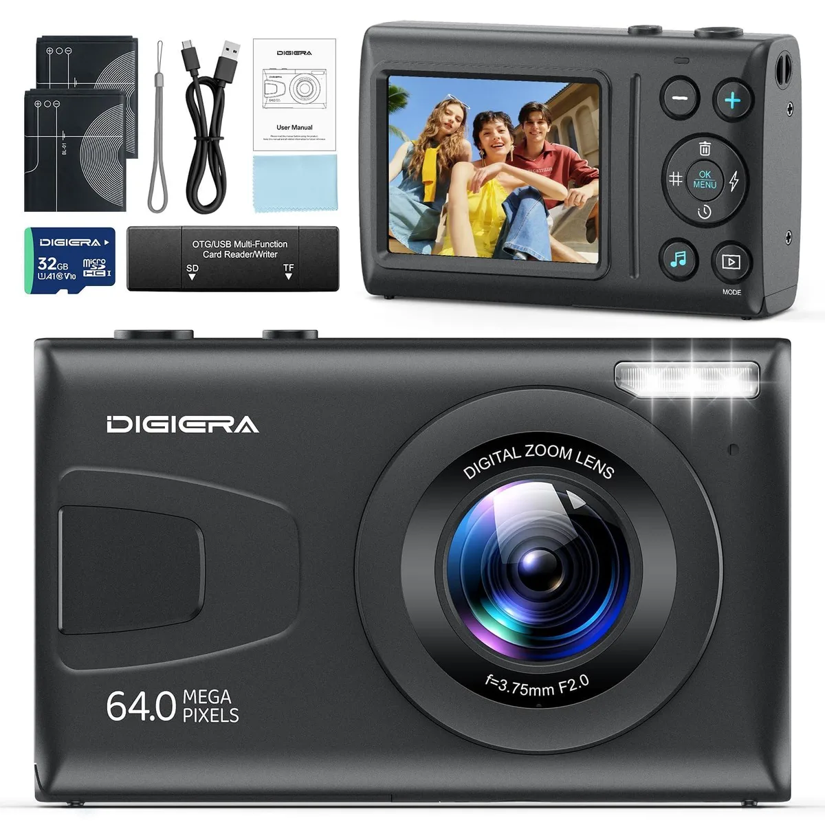  DIGIERA C2 64MP 4K Point &amp; Shoot Camera 18X Zoom 2.4" LCD 32GB Card Black — product photo