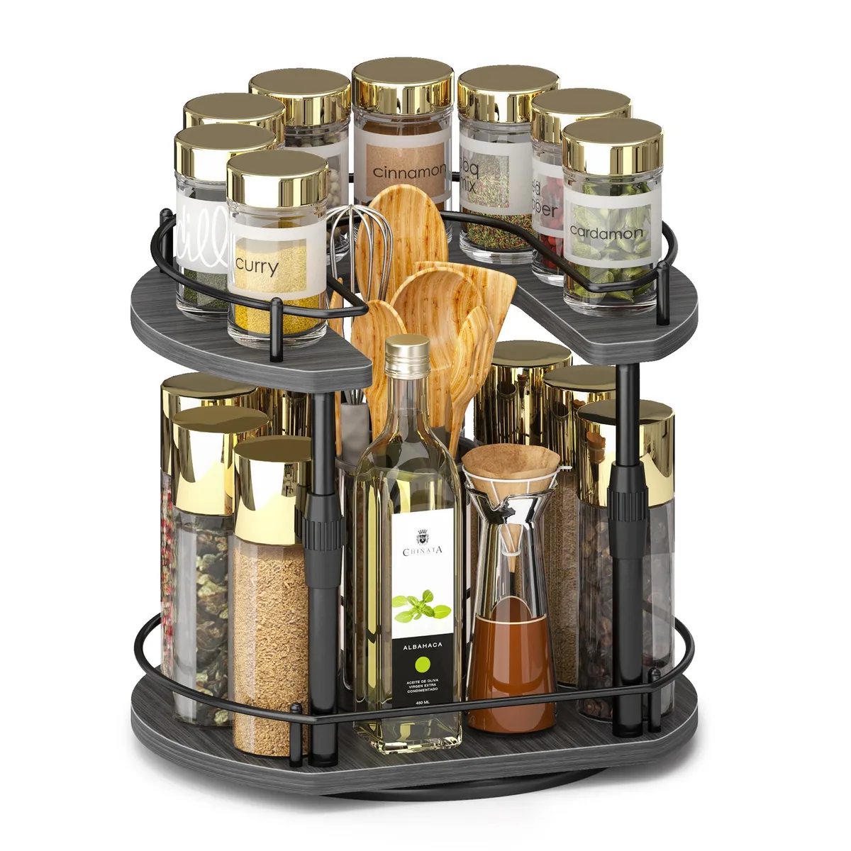 Red two-tier rotating spice rack with D-shape bottom shelf and U-shape top shelf, 12 inch diameter