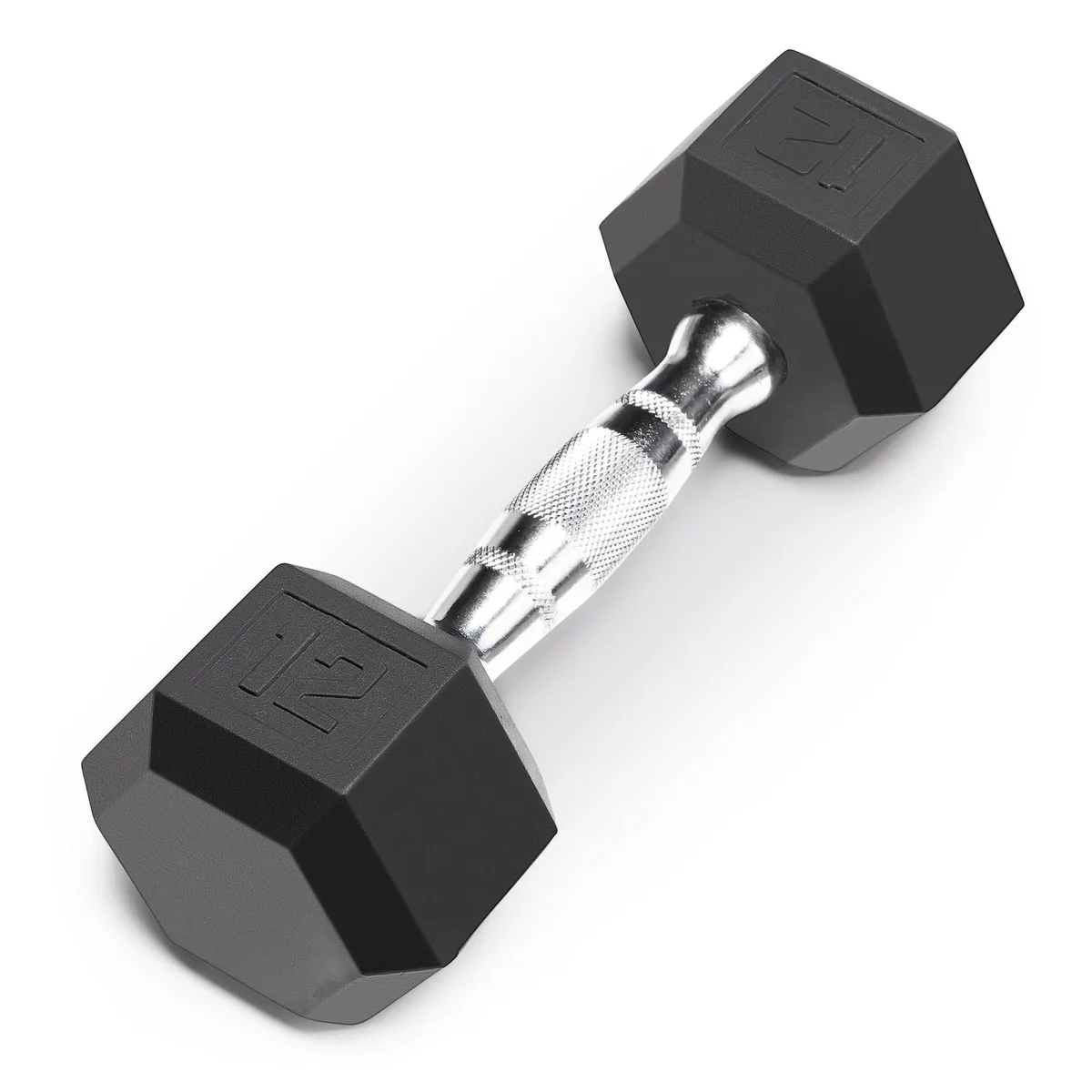 Black rubber hex dumbbell with chrome knurled handle