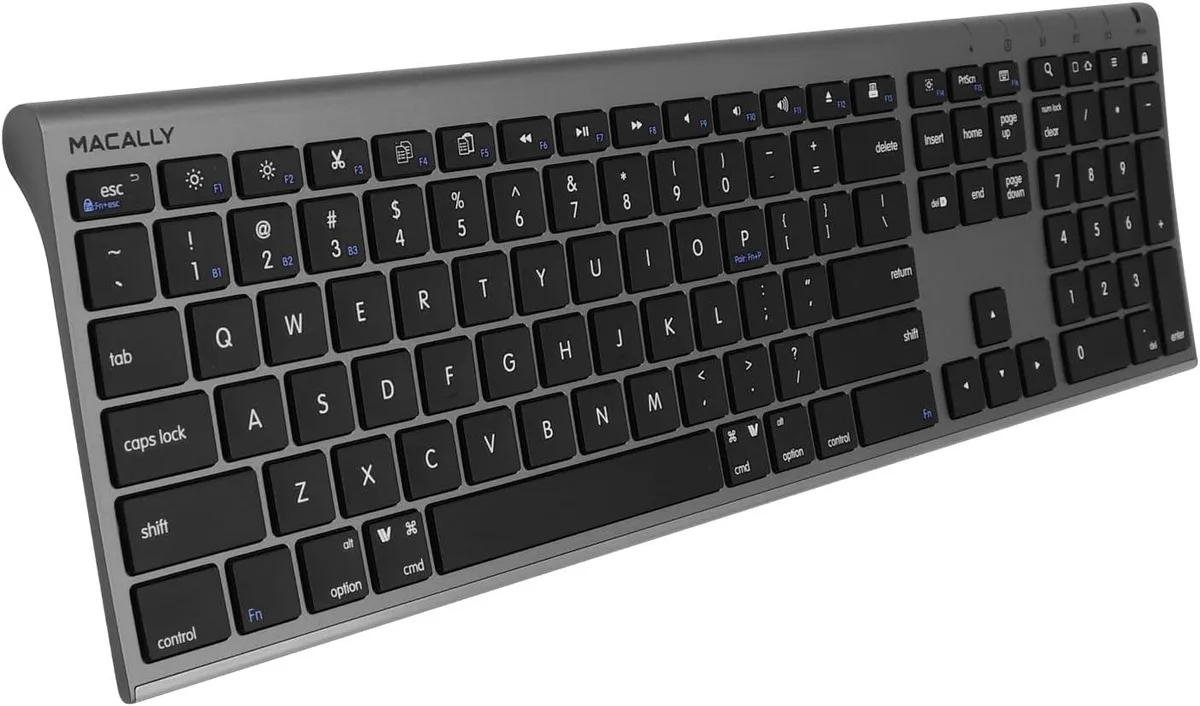 Full-size wireless keyboard with aluminium body and low-profile black keys