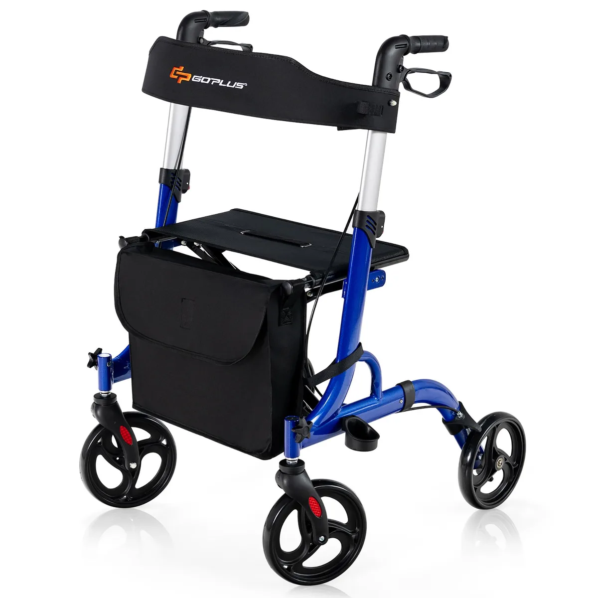 Blue aluminum rollator walker with seat, 8-inch wheels, hand brakes, foldable frame