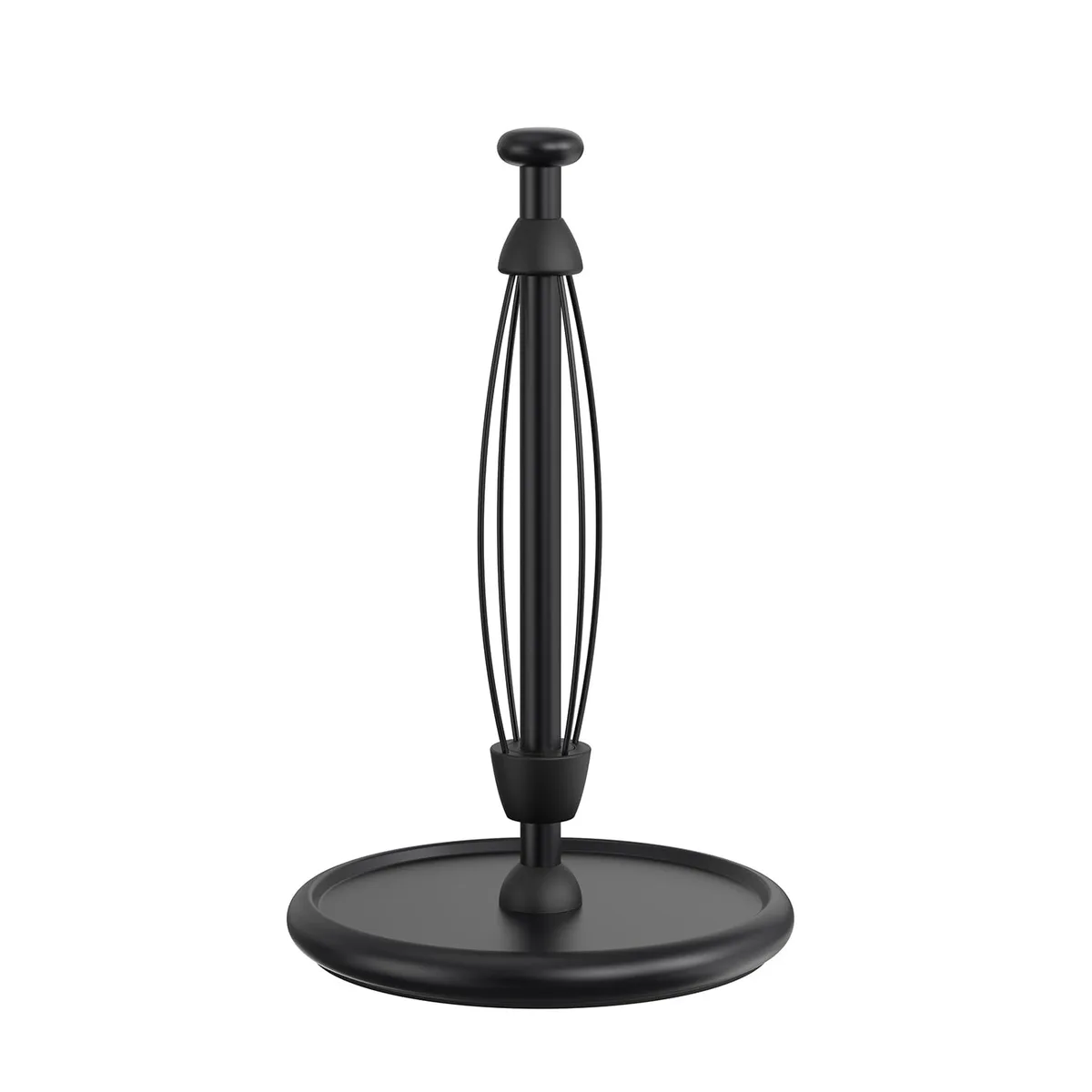 Black countertop paper towel holder with weighted base, vertical rod, and tear bar