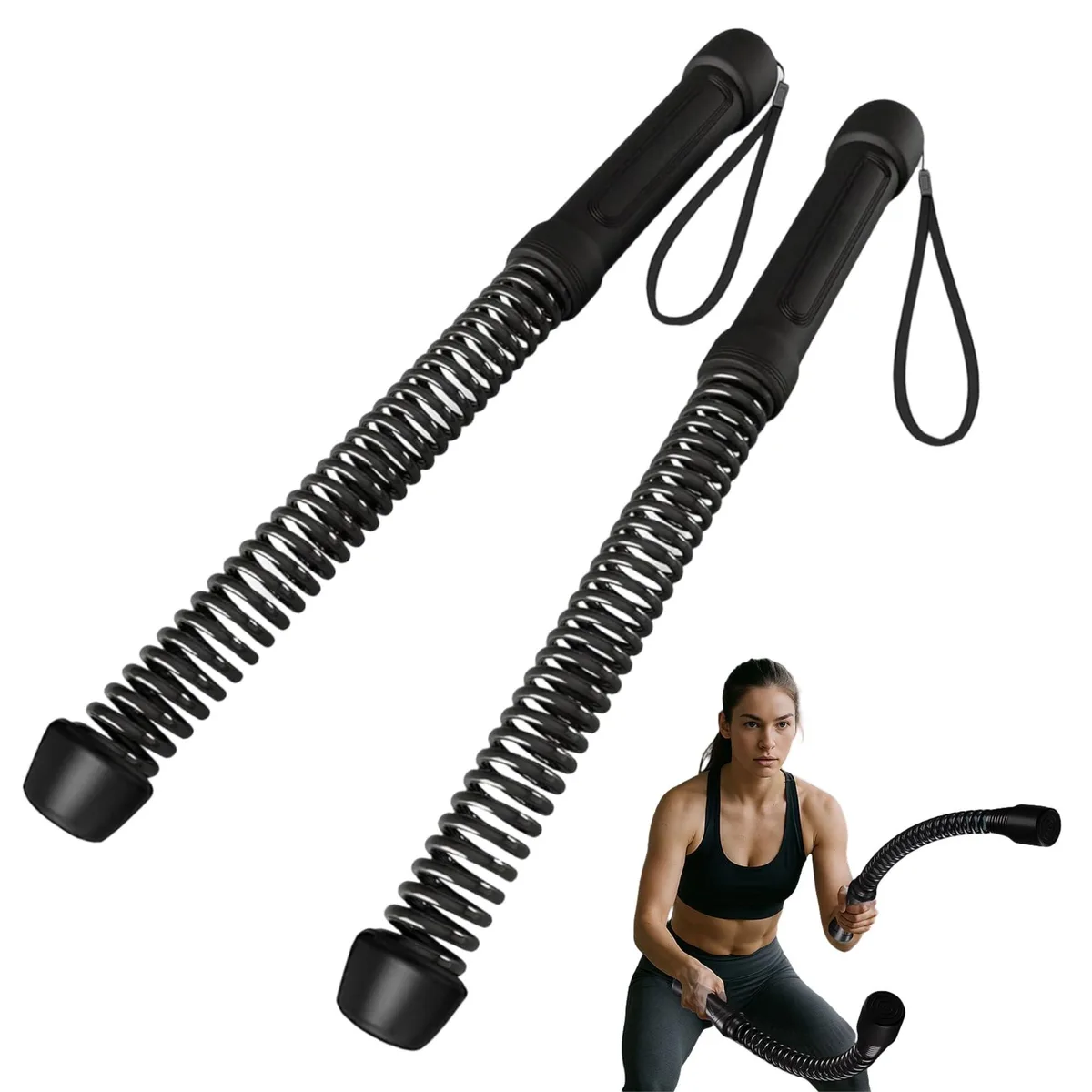 Pair of cordless battle ropes, nylon-covered handles, compact cylindrical form