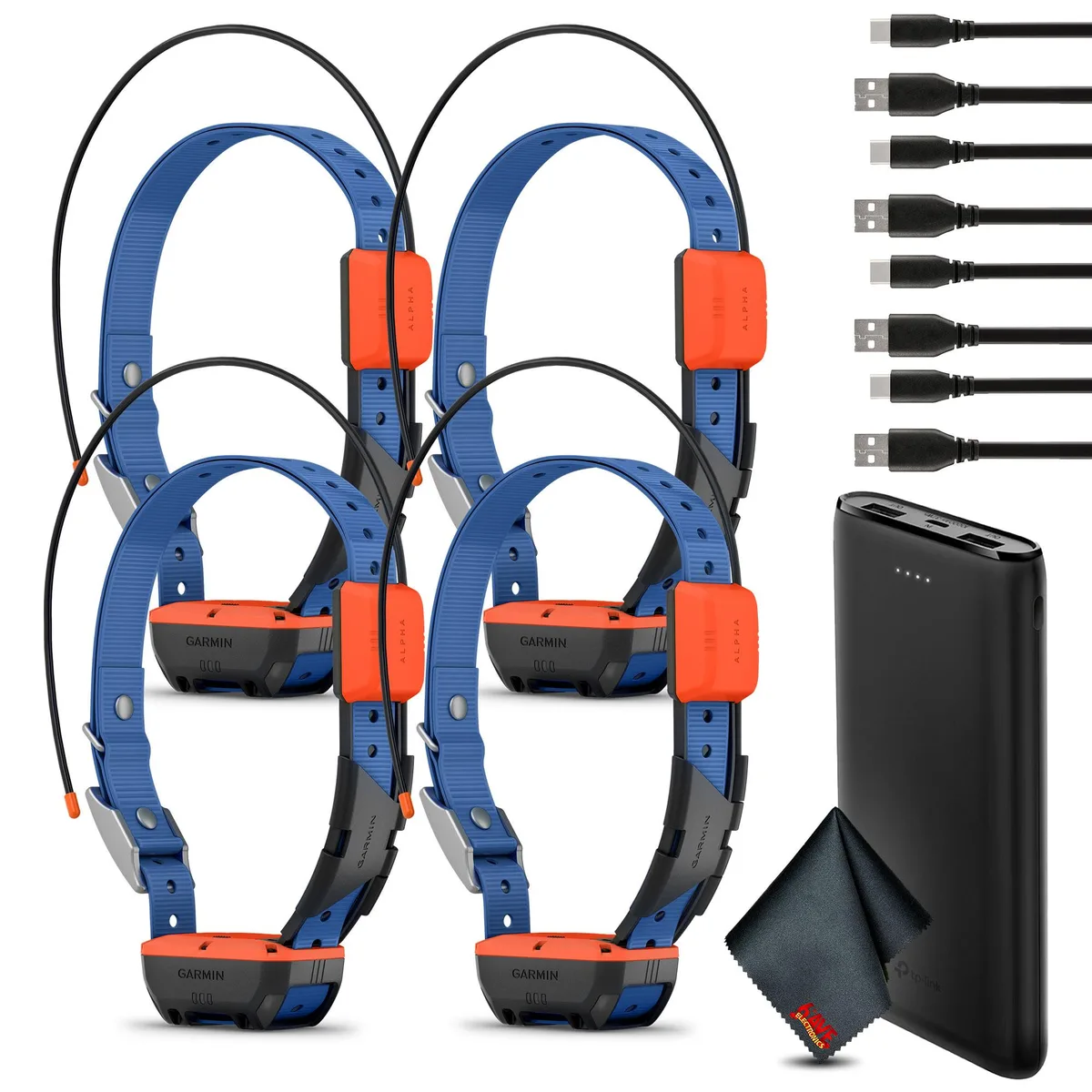 Slim GPS dog collar with top-mounted antenna and LED beacon lights, plus a power bank