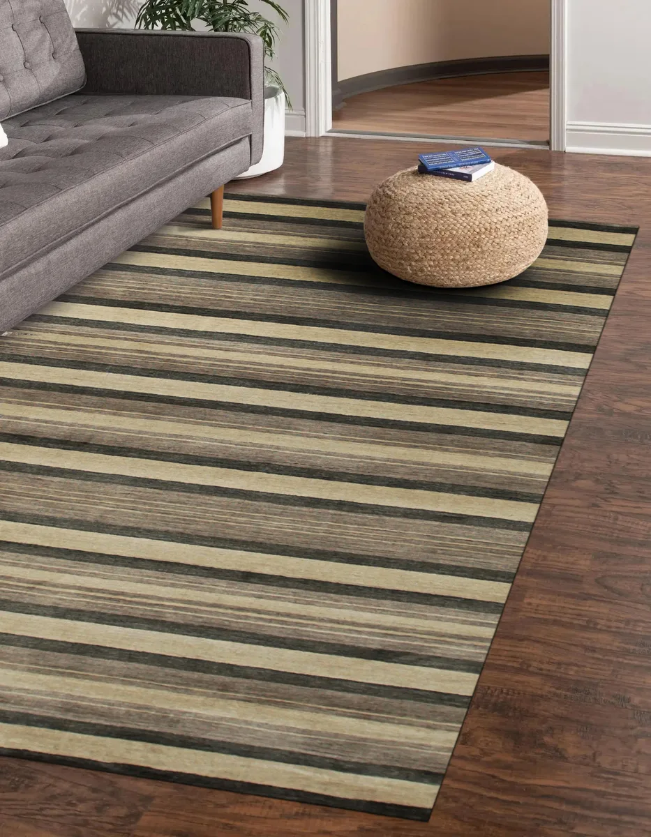 Handmade wool area rug with multi-coloured transitional stripe pattern, flat low-shedding pile