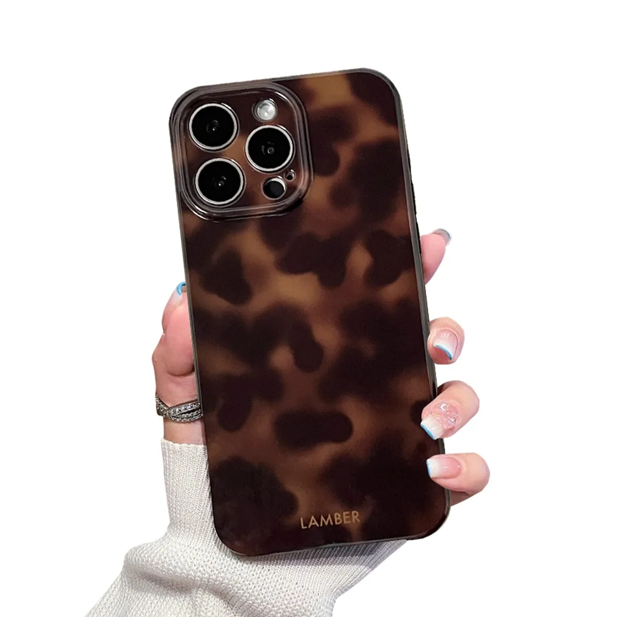 Brown amber tortoiseshell TPU case for iPhone 16 Pro with glossy finish and raised camera lip