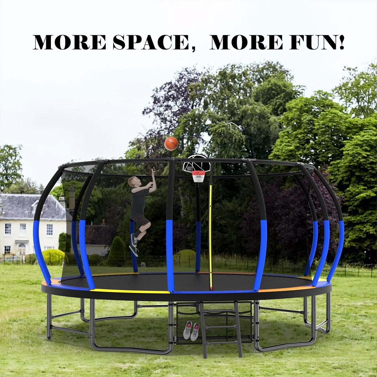 MERSCO MERSCO 16FT Trampoline Blue/Red/Multi With Basketbal Hoop Airpump Safety Net Ladder — product photo