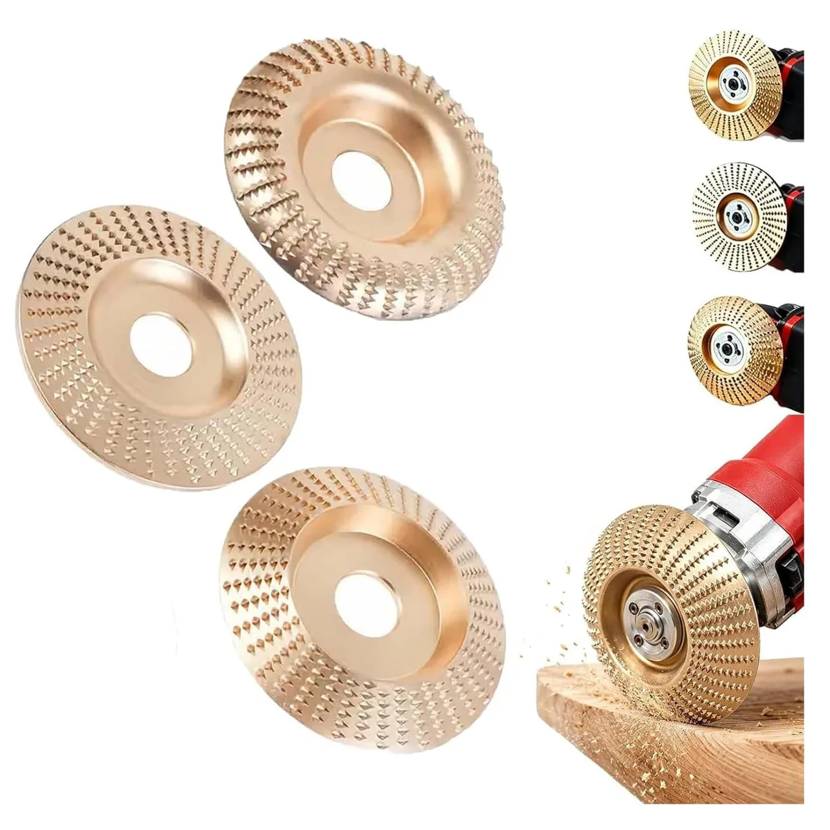 Three gold carbon-steel discs 100mm 16mm flat bevel curved types .16 .06 .08 thickness