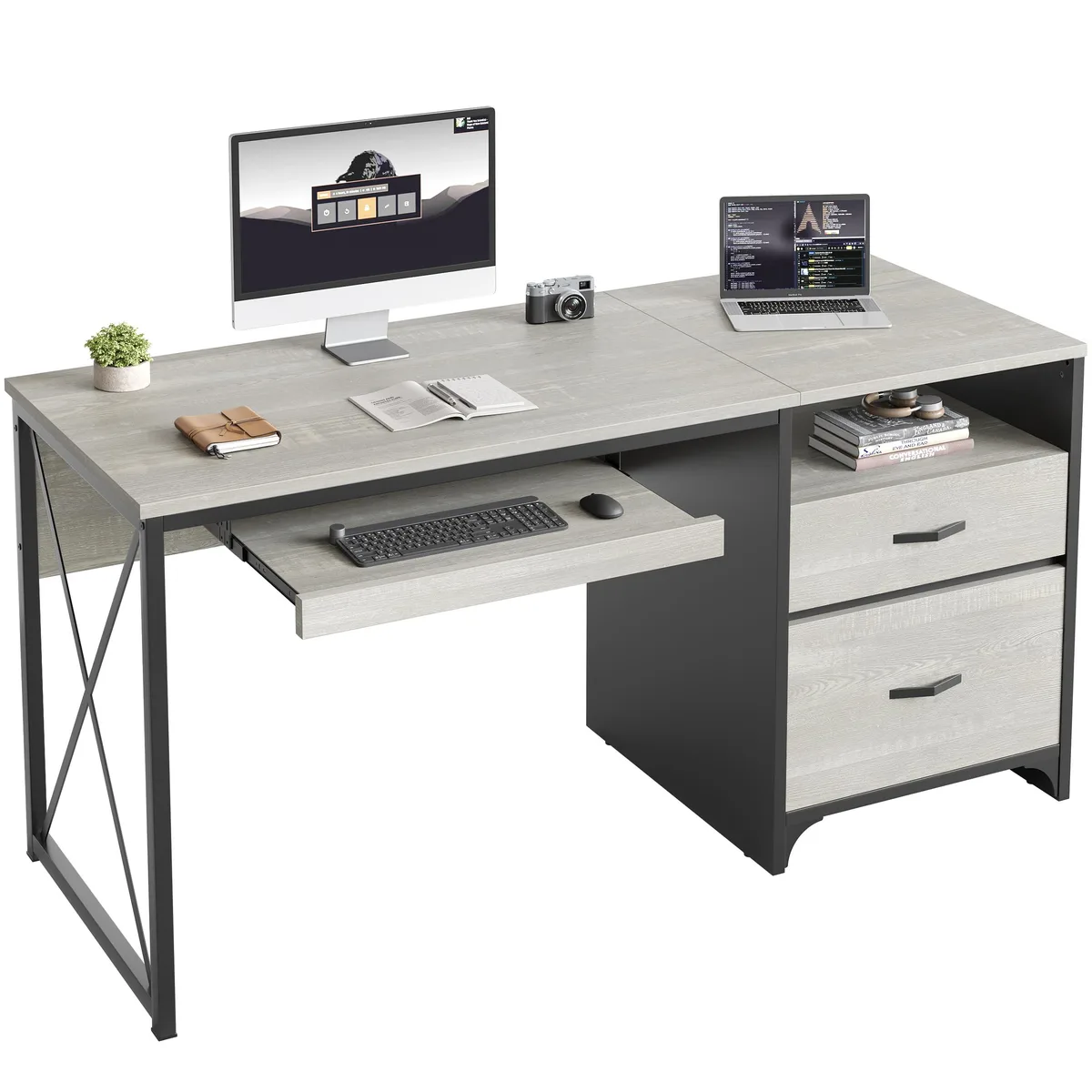 Bestier Bestier 55 inch Desk with Drawers Keyboard Tray File Cabinet Retro Gray Oak Dark White Washed — product photo