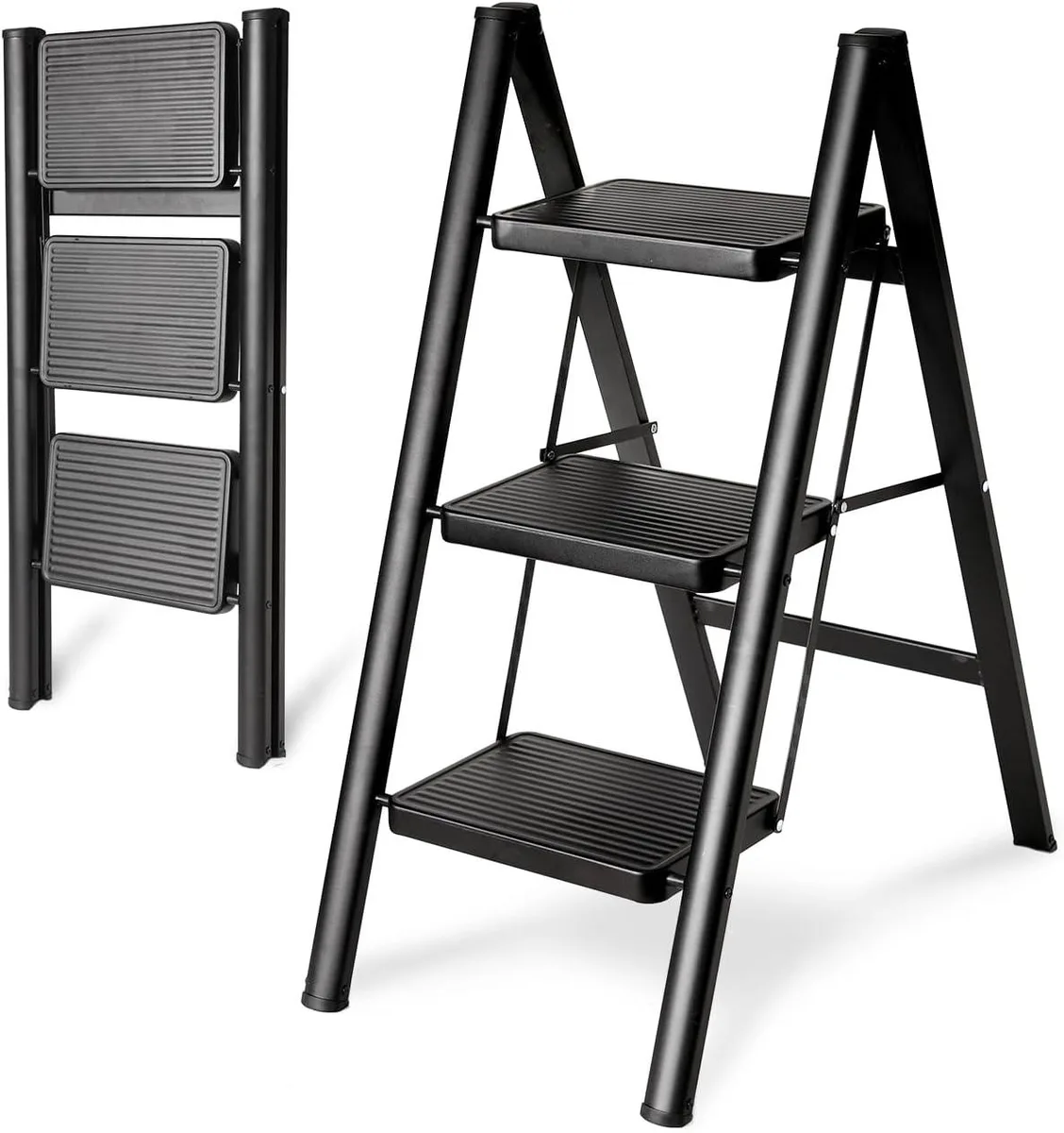 Black three-step folding ladder with wide anti-slip pedals and rubber feet