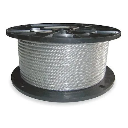 Coiled silver vinyl-coated stainless steel wire rope, 100 ft length, 1/8 in diameter