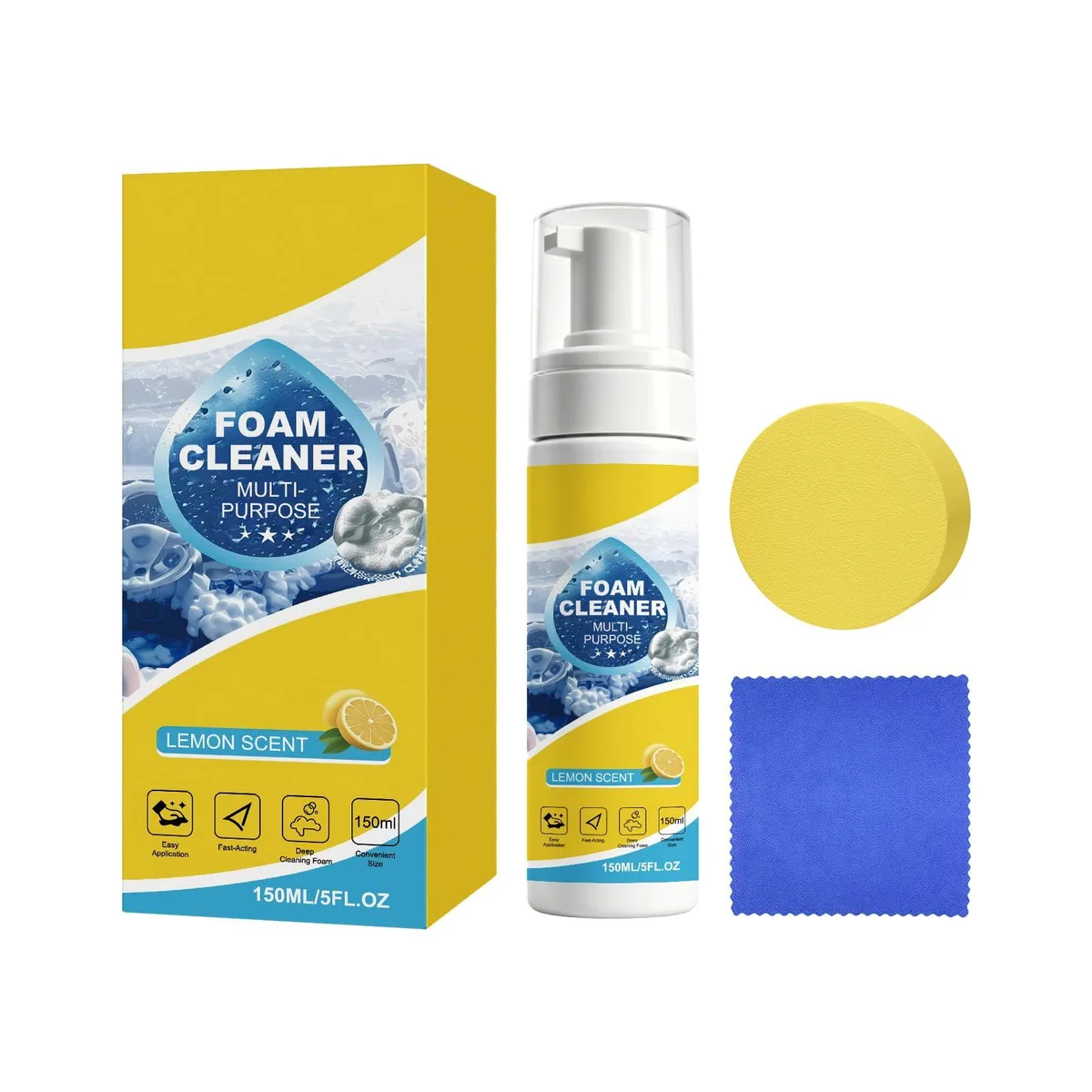  Car Interior Cleaner Foam Kit with Sponge &amp; Towel, Lemon Fresh Scent — product photo