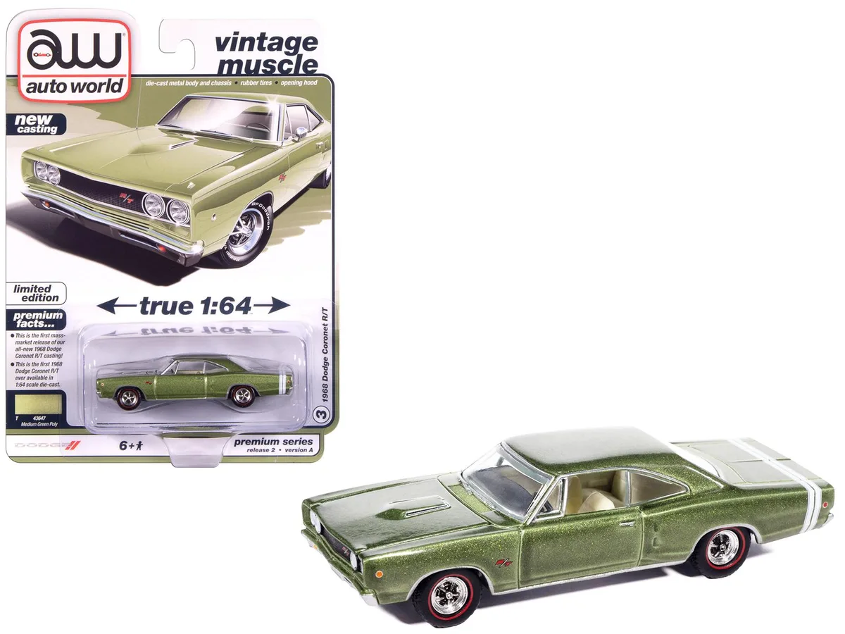 auto world Auto World 1968 Dodge Coronet R/T 1/64 Medium Green Metallic White Interior — product photo