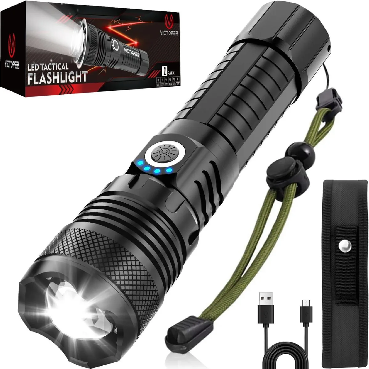 Black cylindrical aluminium flashlight with zoom head and four blue battery indicators