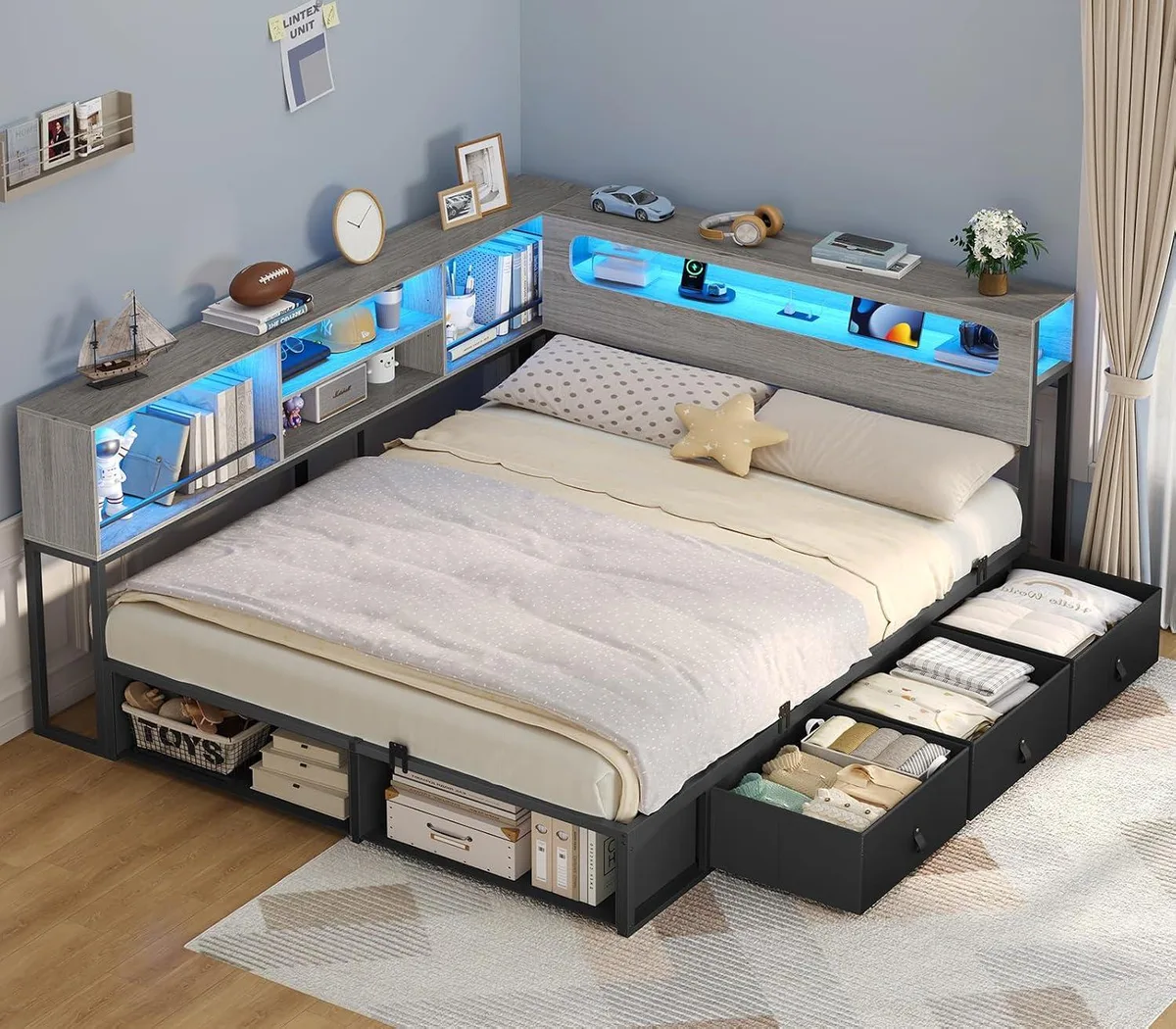 BFKK BFKK Corner Bed Frame Full Size Grey RGB Charging Station 3 Drawers 2 Cubbies — product photo