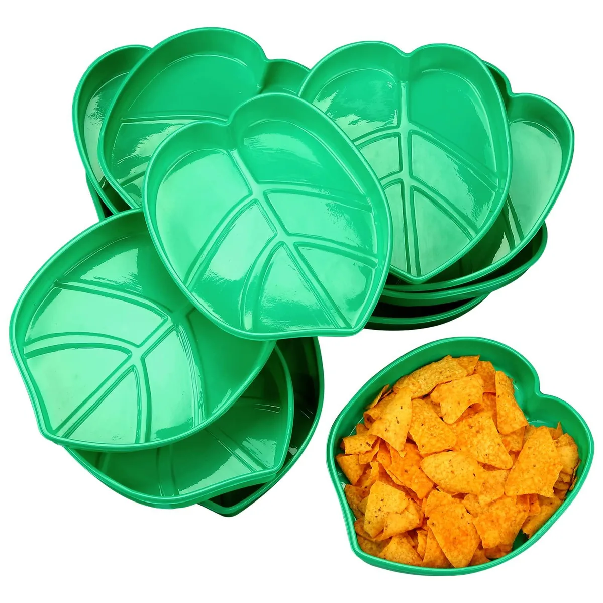 Twelve white rectangular plastic plates with green rims and palm leaf pattern