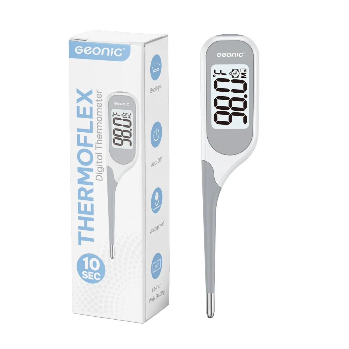 White digital thermometer with flexible tip and 1.4 inch backlit display
