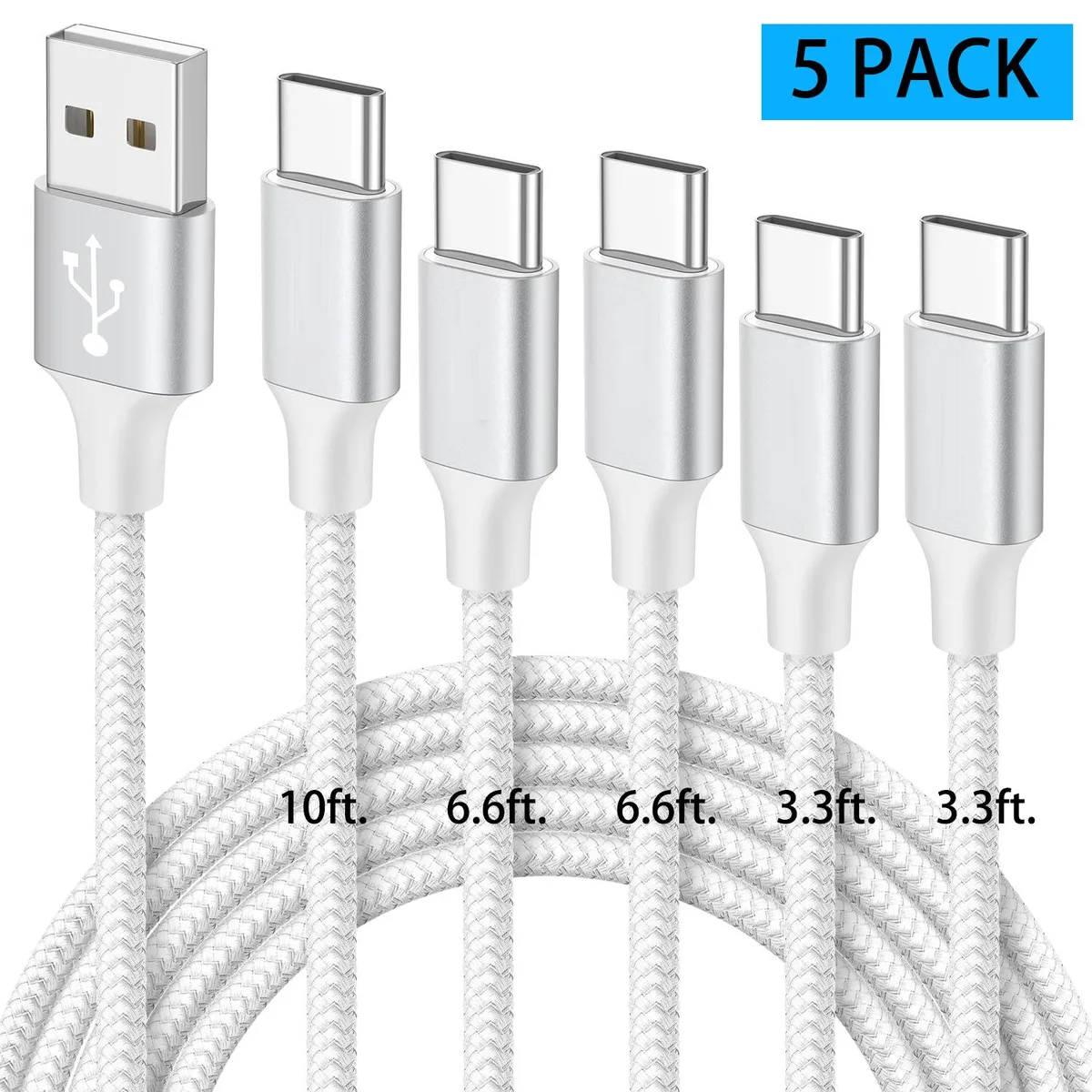 IHDAPP IHDAPP USB A to USB C Braided Cable 5-Pack 3ft/3ft/6ft/6ft/10ft Silver — product photo