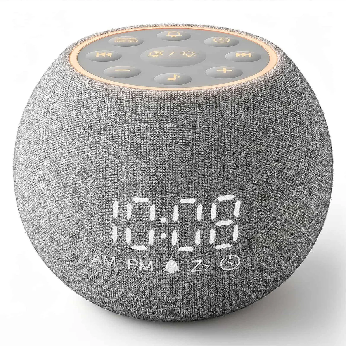 Compact gray cube clock with dimmable display and top controls