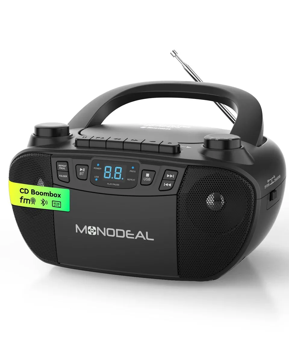  MONODEAL CD1016 Cassette Player AM FM Radio Bluetooth Boombox Black — product photo