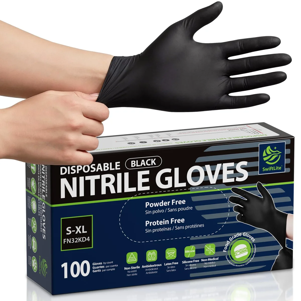 Box of 100 black nitrile disposable gloves, textured fingertips