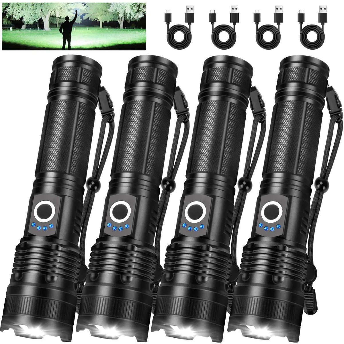 Four cylindrical aluminium flashlights with USB-C ports and lanyards, 6.5 inches long