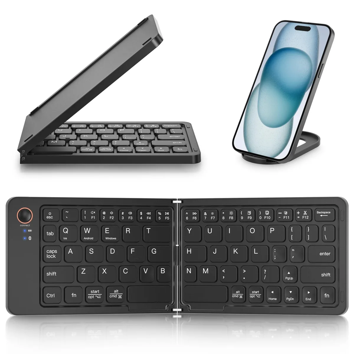 Black foldable Bluetooth keyboard, ultra-slim aluminum, phone holder attached