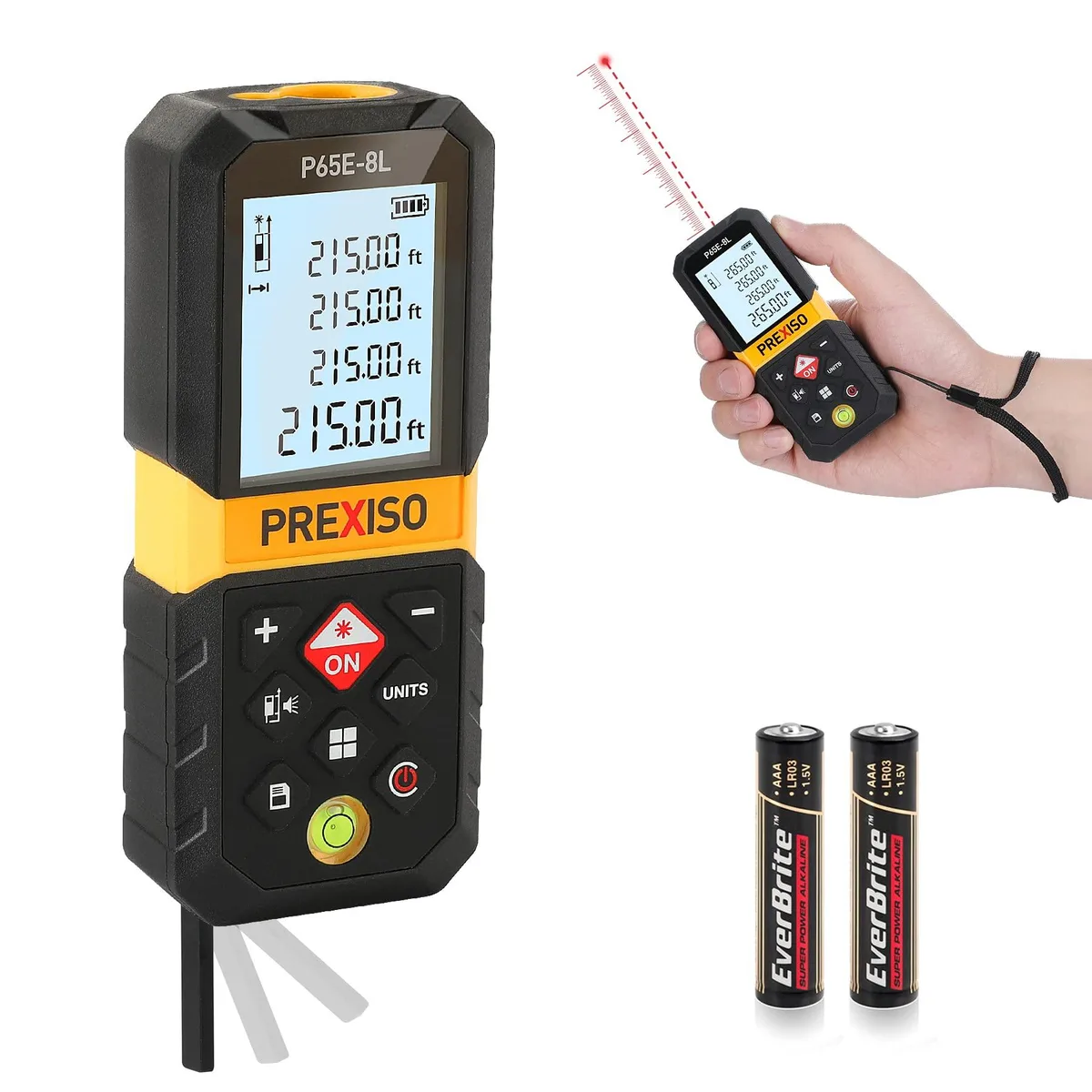 Compact laser distance meter with fold-out extension, grey plastic body, backlit display and bubble vial