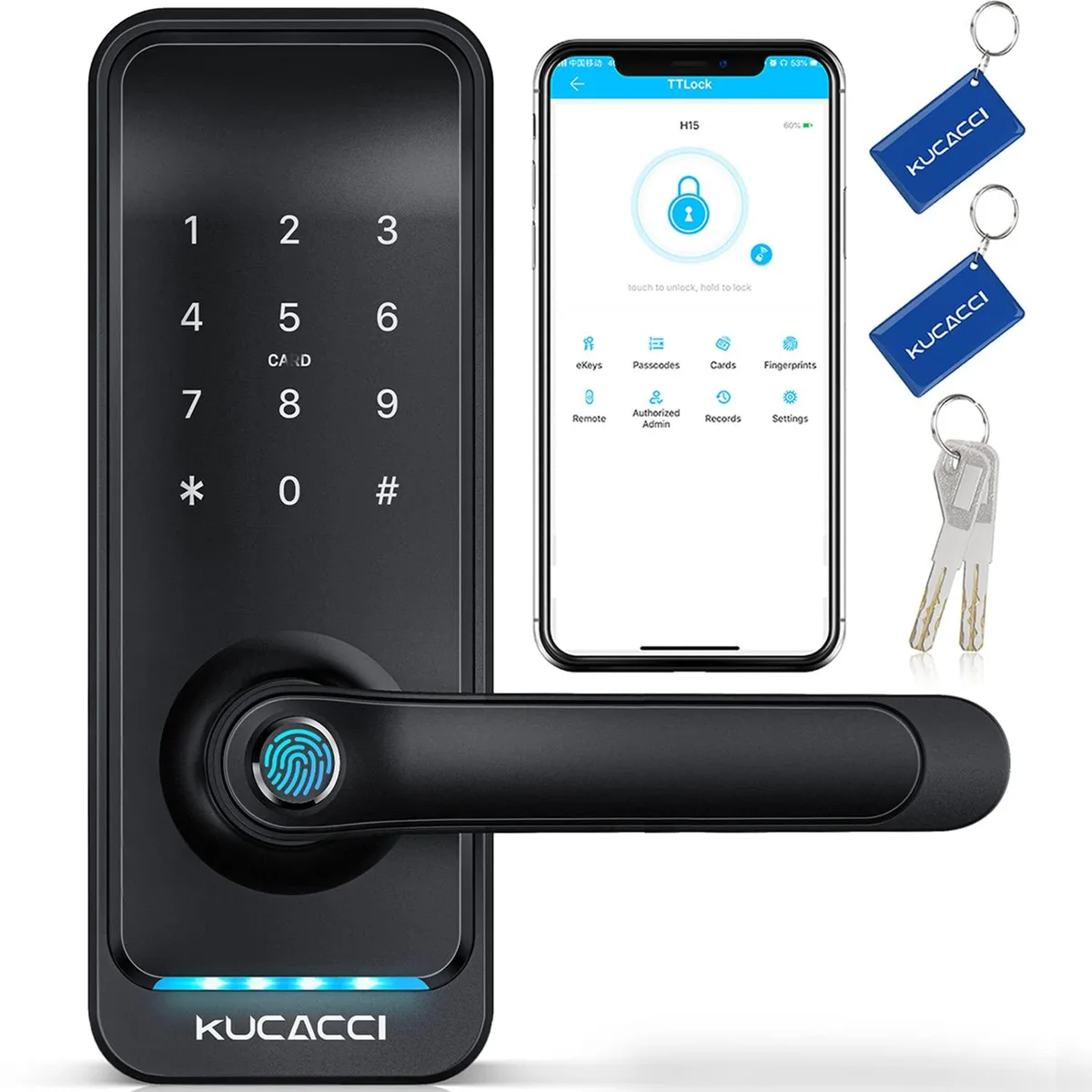 Twelve black smart door locks with lever handles and keypads
