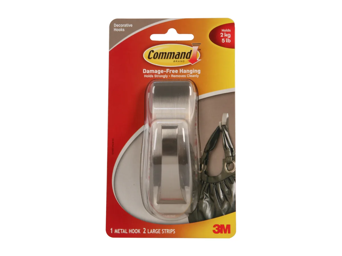 Brushed nickel metal hook with adhesive strips, holds three pounds