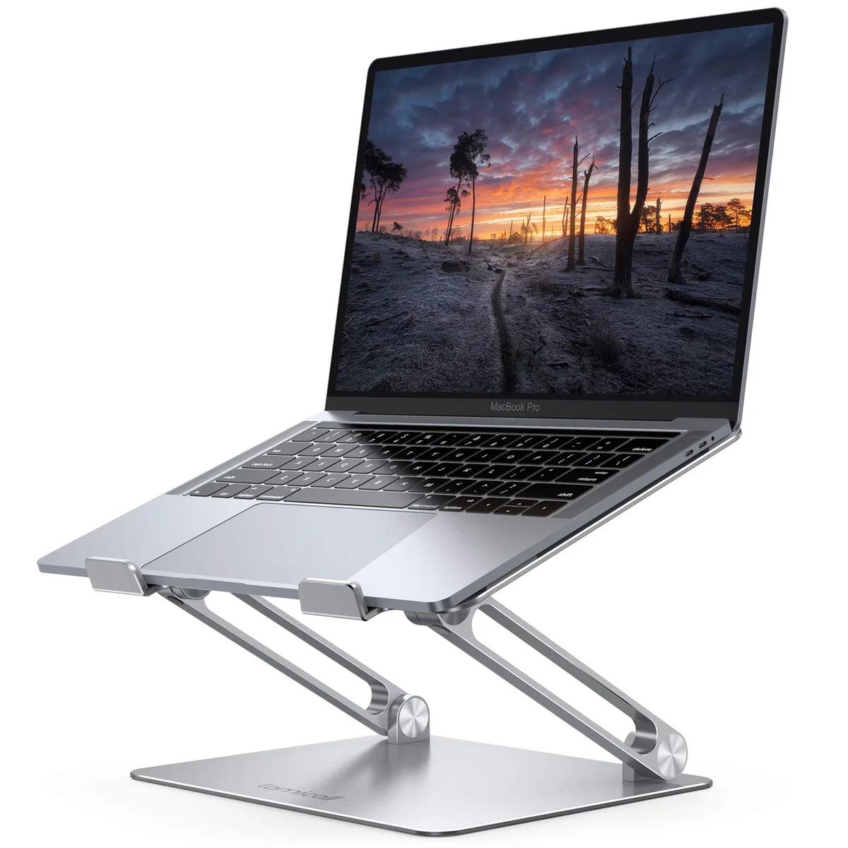 Silver aluminium laptop stand with adjustable legs and ventilation holes
