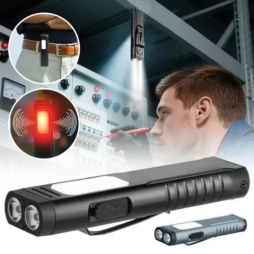 Flat rectangular flashlight with dual buttons, matte black ABS body, pocket clip and magnetic base