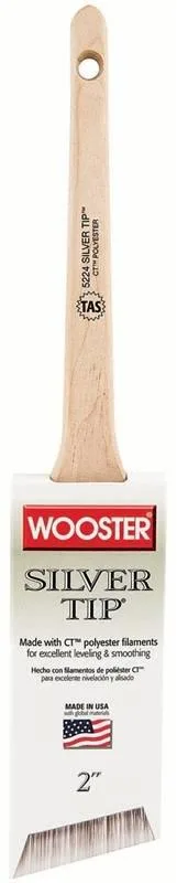 Wooster 5224 polyester angle sash brush with white and silver bristles and wooden rattail handle