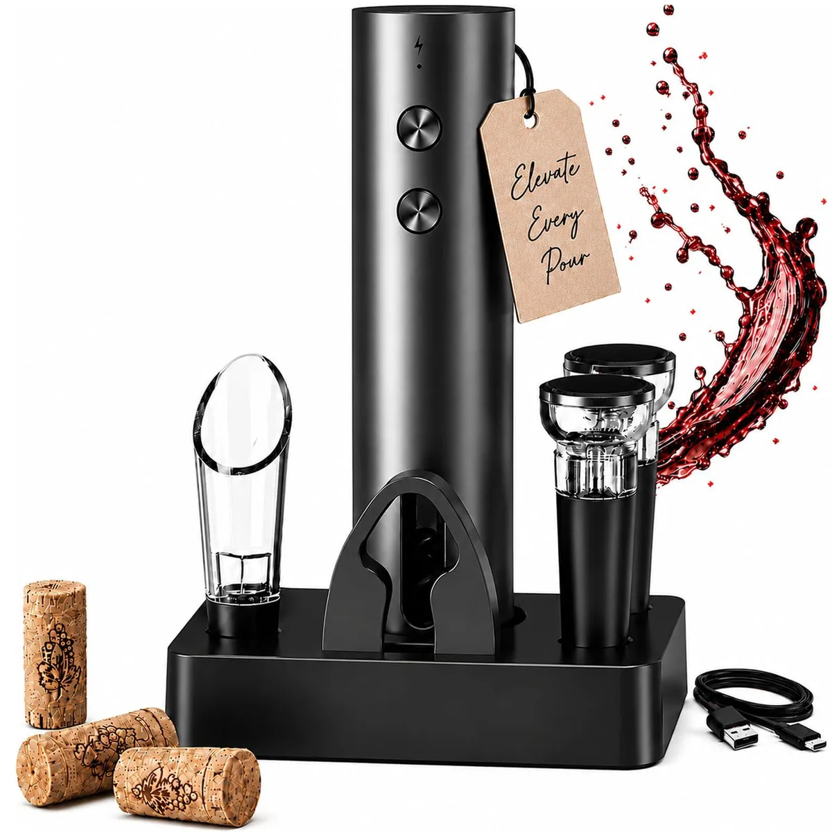  Generic Rechargeable Electric Wine Opener Set Black 7.4 L x 1.8 W x 0.1 H inches — product photo