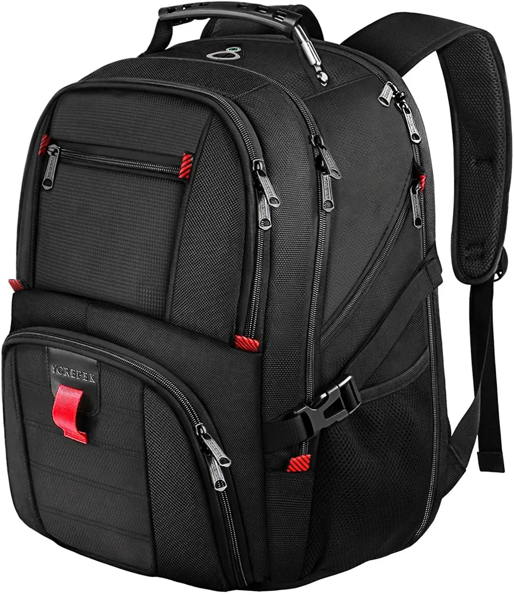 Black 17-inch laptop backpack with padded straps and TSA flat-opening design