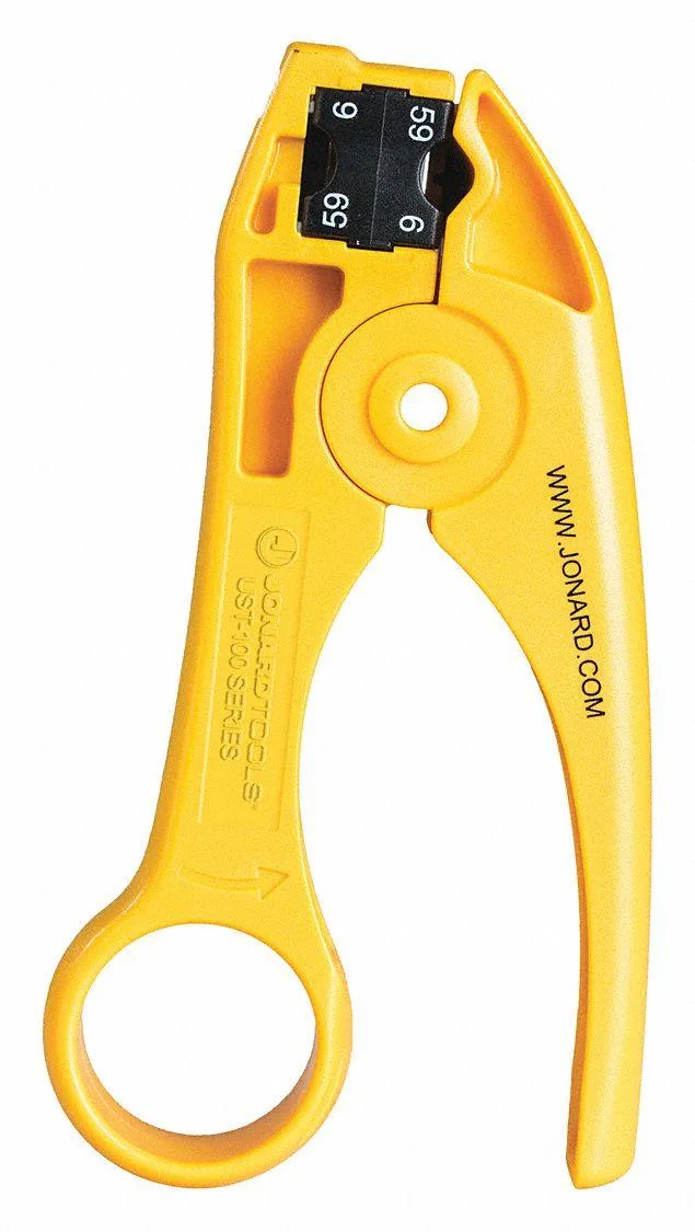 Compact coax cable stripper with adjustable steel blade and spring-return handle
