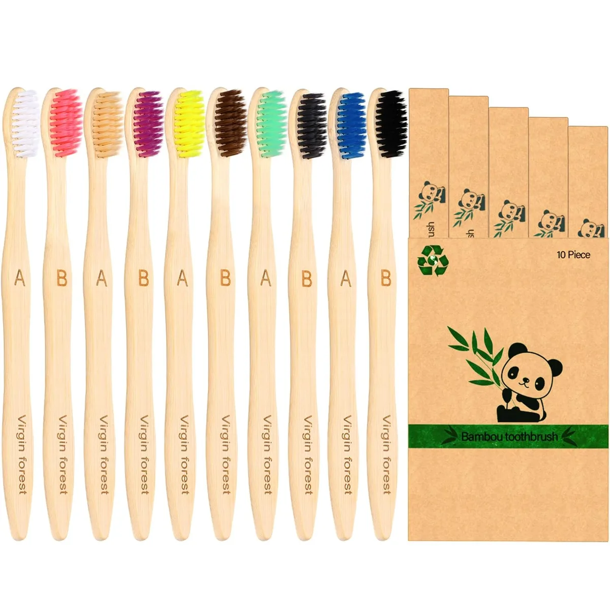 Ten white bamboo toothbrushes in a kraft paper box