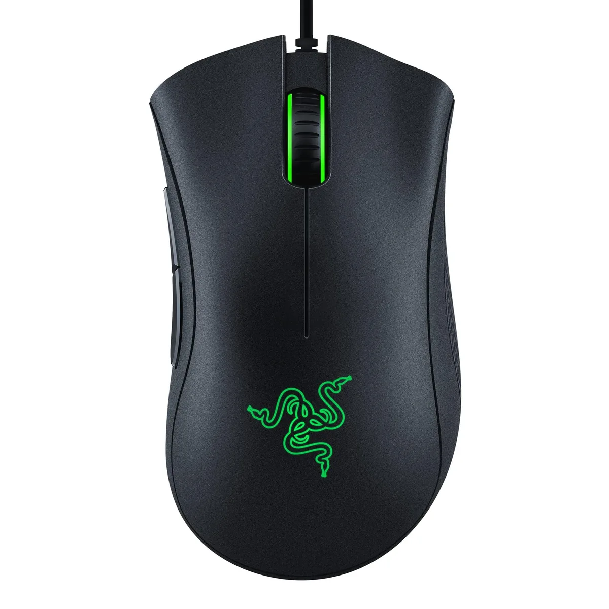 Black ergonomic wired gaming mouse with rubber side grips and ridged scroll wheel