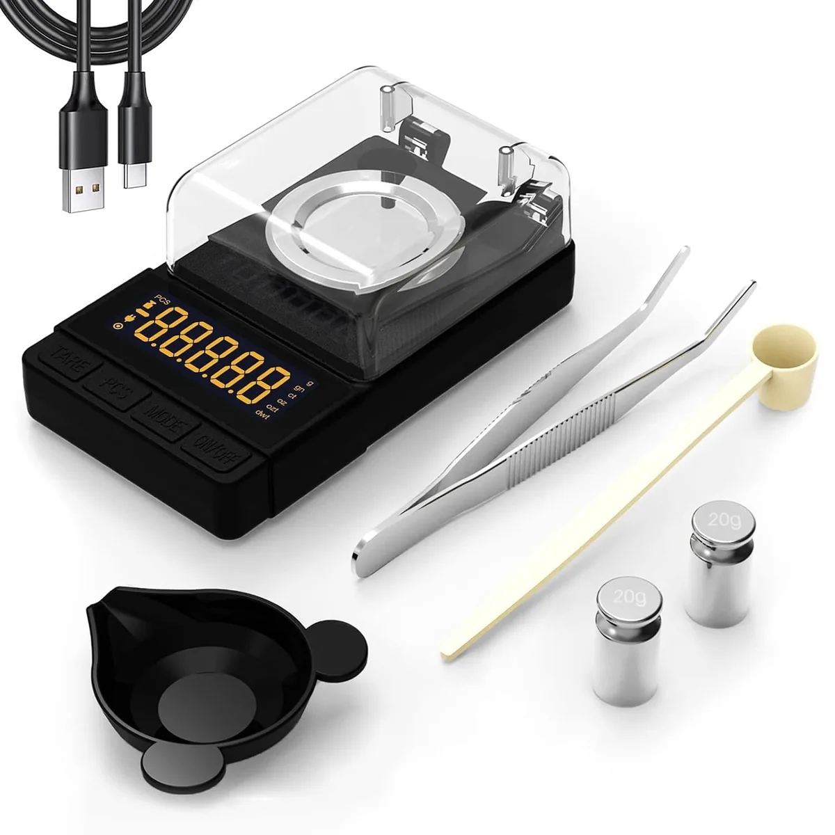 Black compact digital milligram scale with weighing tray, tweezers, scoop and two 20g calibration weights