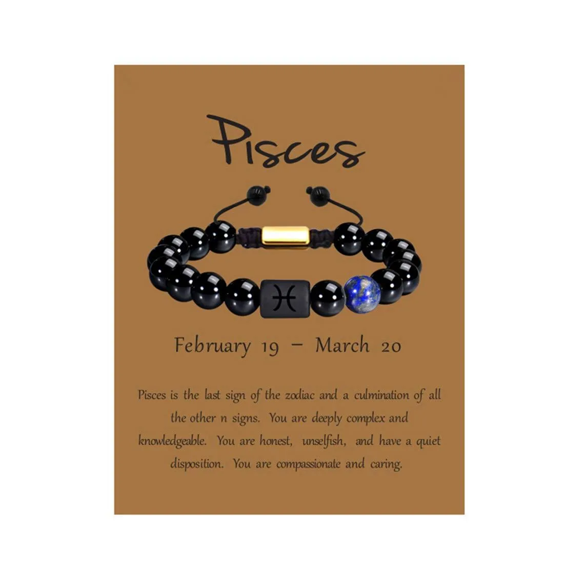 Braided black onyx bead bracelet with rotating Pisces cylinder charm, adjustable cord